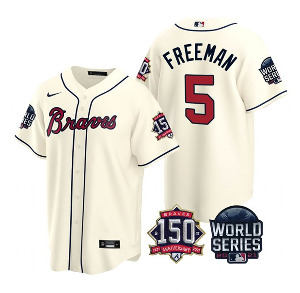 Men's Atlanta Braves #5 Freddie Freeman 2021 Cream World Series With 150th Anniversary Patch Cool Base Stitched Jersey Men's Atlanta Braves #5 Freddie Freeman 2021 Cream World Series With 150th Anniversary Patch Cool Base Stitched Jersey